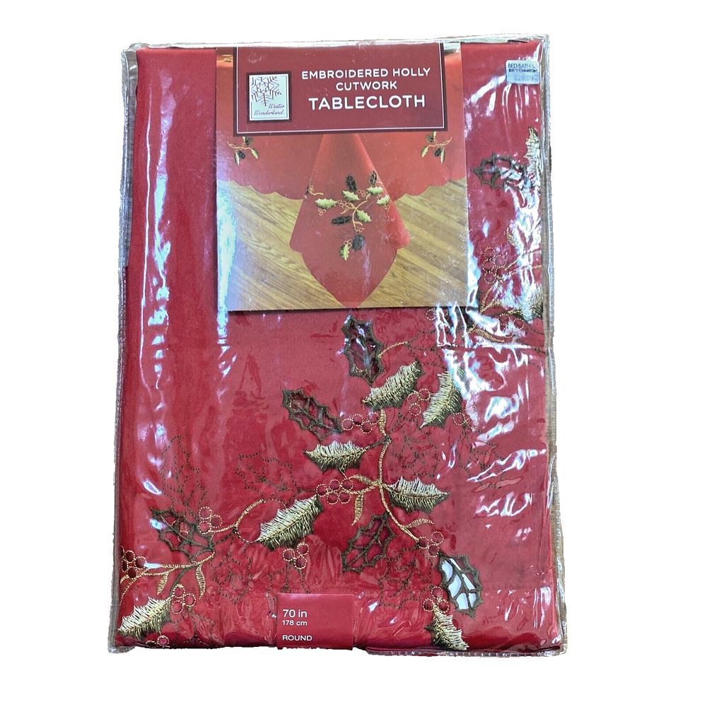 NEW Embroidered Christmas Holiday Tablecloth Red Holly Cutwork Festive 70” Round
